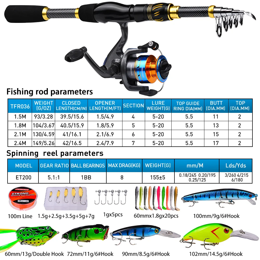 PROBEROS 1.5m-2.4m Fishing Rod - Spincast Reel review and price